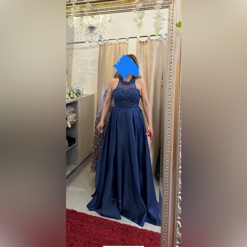 Blue Beaded Formal Halter Drop Maxi Dress
